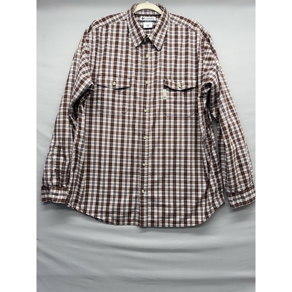 Men's Columbia Long Sleeve Button Up Shirt Brown Plaid Western Ranch Outdoors